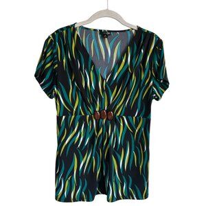 East 5th Women's Short Sleeve Print Blouse in Black Green White - Size M